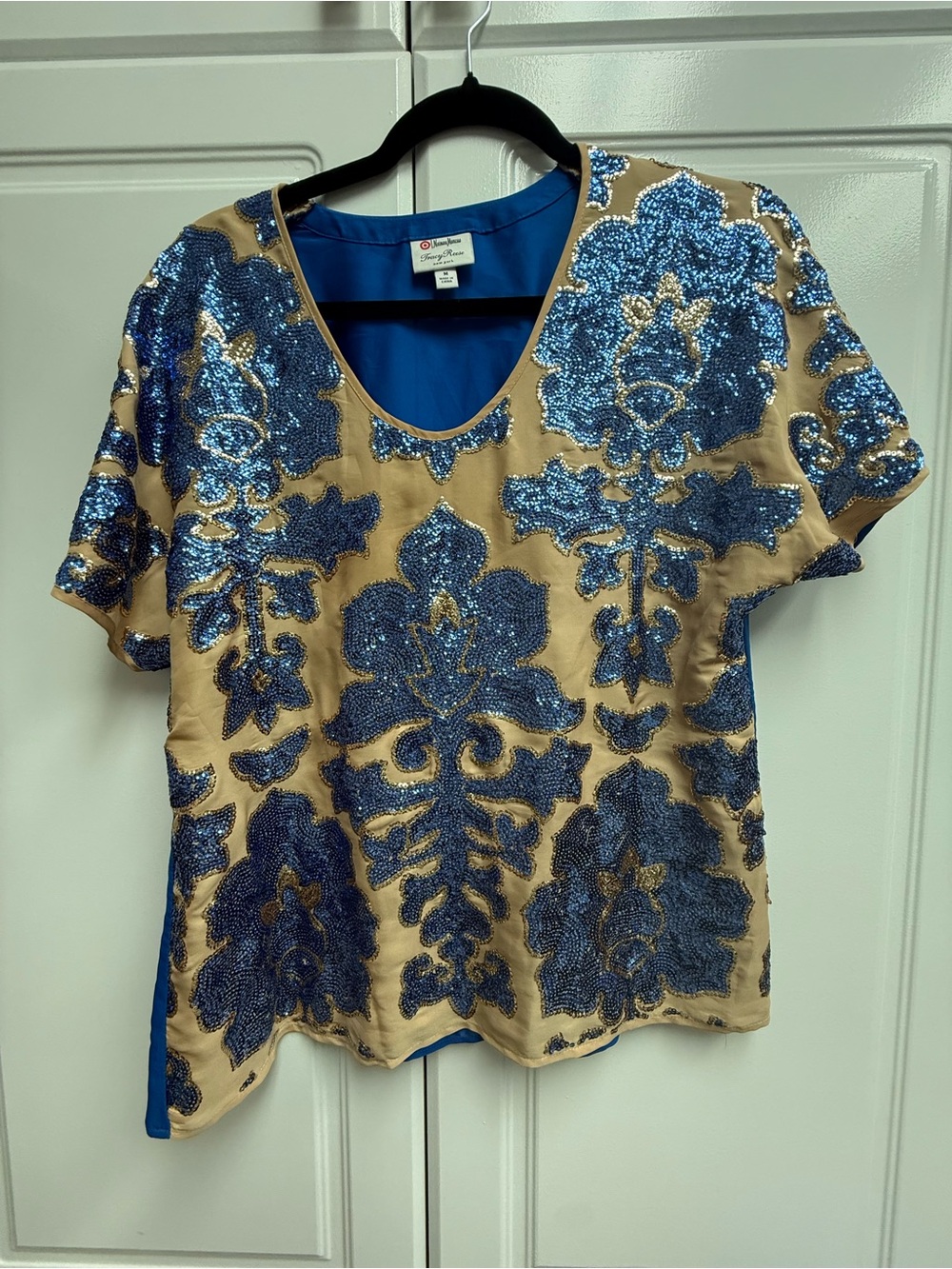 Neiman Marcus Beige Top with Blue Sequin Floral Motif